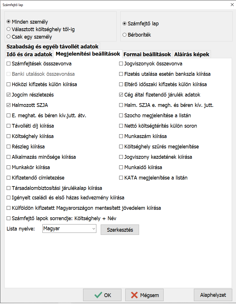 Számfejtő lap -megjelenítési beállítások