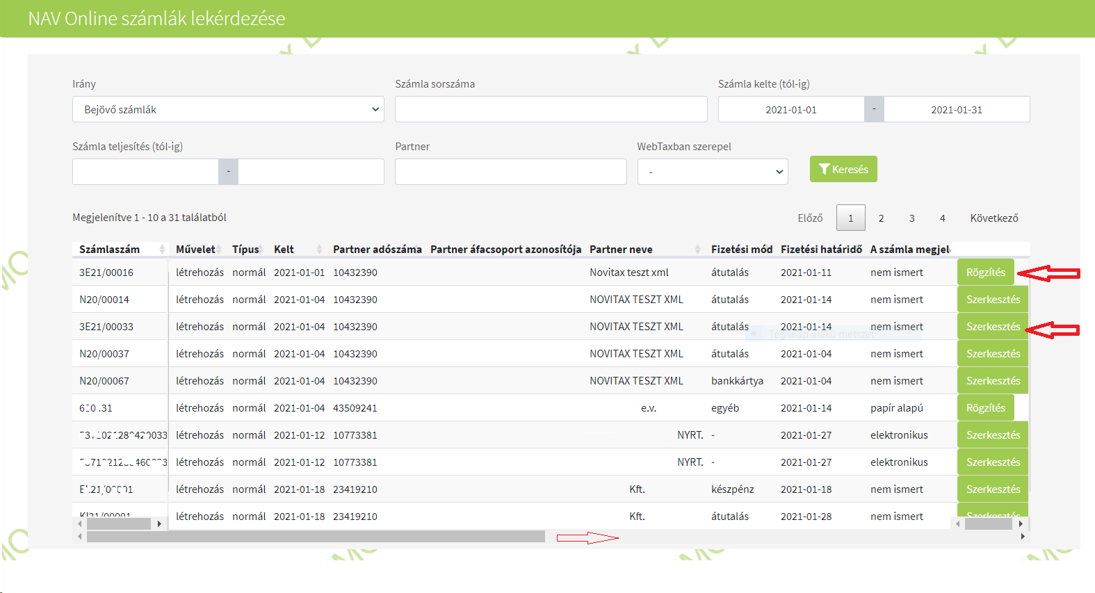 Importok Számla import NAV xml webes megjelnítéssel szűrés utáni képernyő