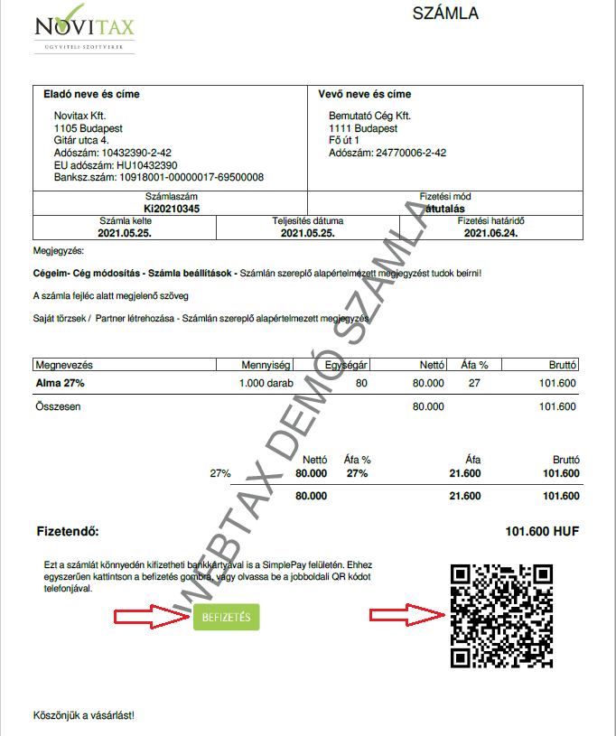 SimplePay fizetési linkhez WebTax számla kiállításnál számlaképen PDFen link és QR kód