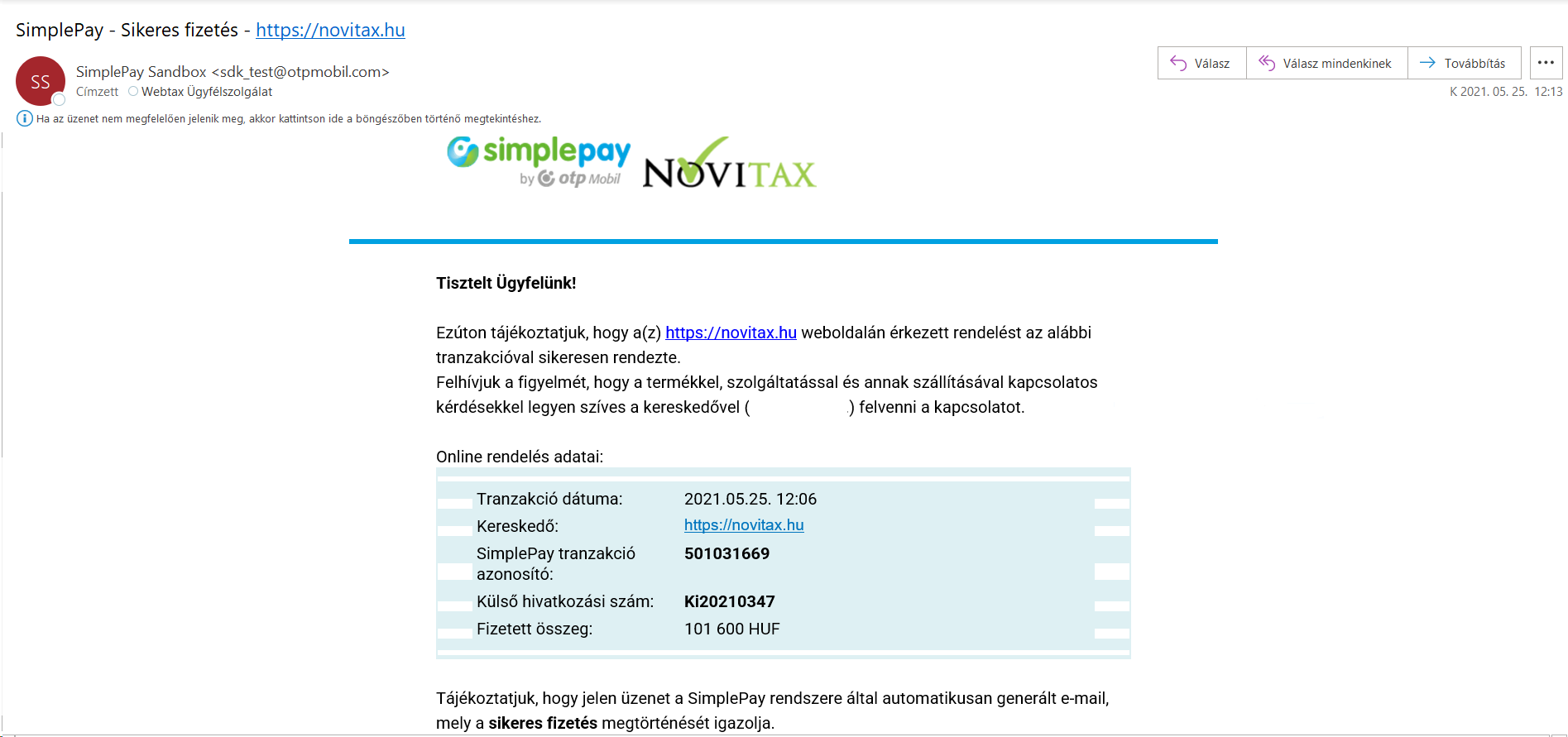 SimplePay fizetési linkhez WebTax számlaképen Befizetés-re kattintva szla kiegy eredményről email értesítés