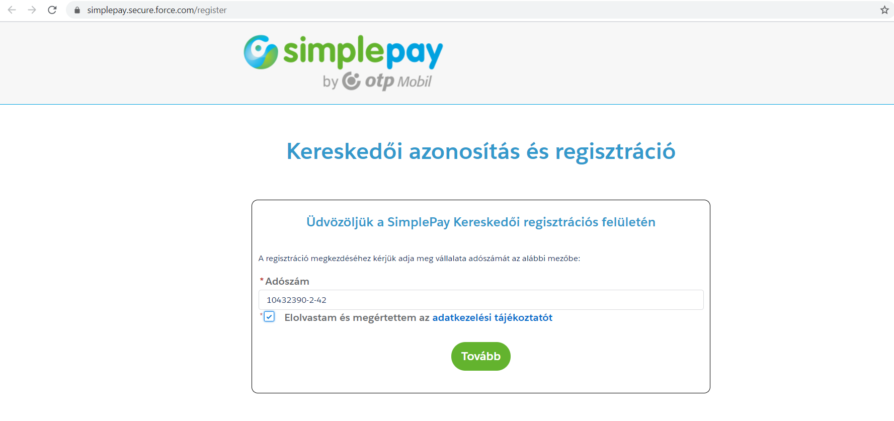 SimplePay fizetési linkhez regisztráció 1a