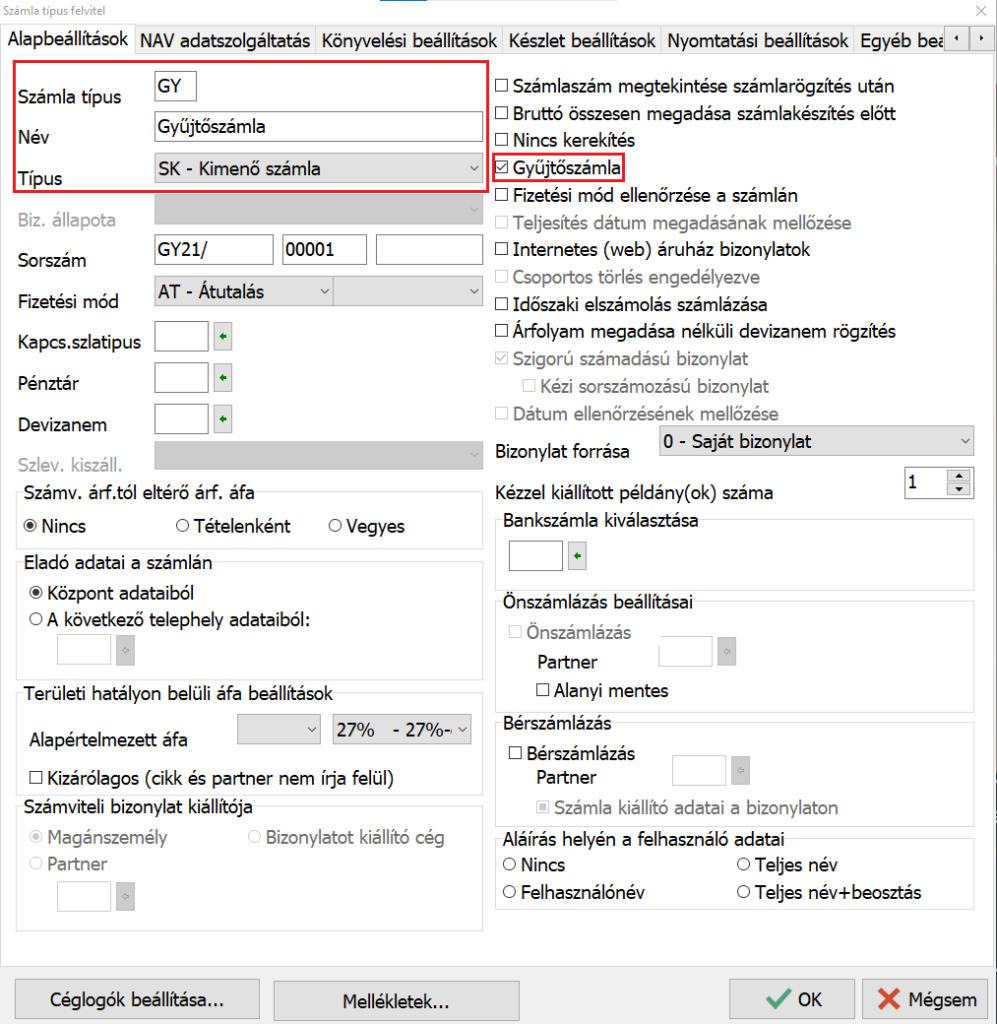 Gyűjtőszámla típus felvitel