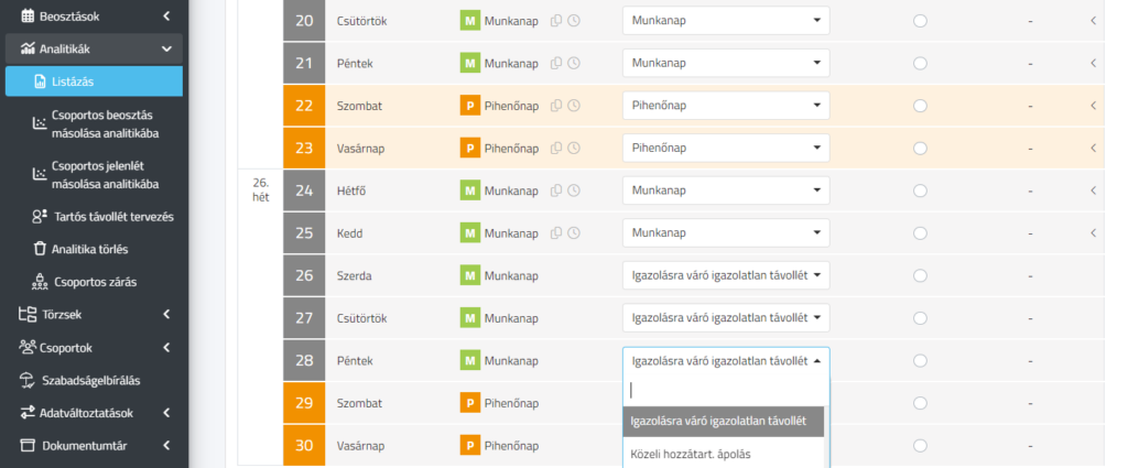 Analitikák - igazolásra váró igazolatlan napok megadása