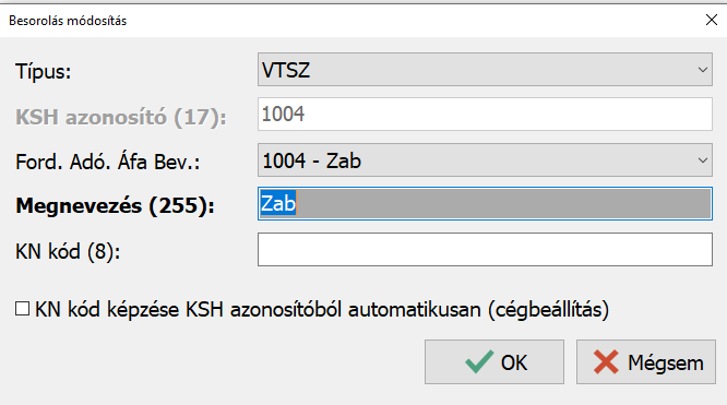 VTSZ ablak új mező