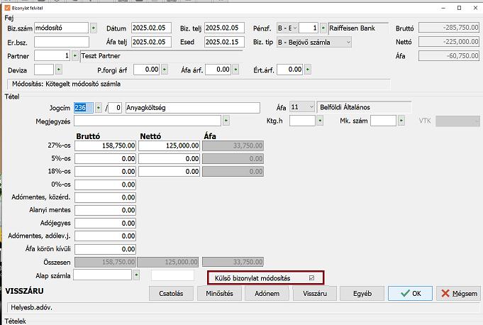 Külső bizonylat módosítás kötegelt számlánál