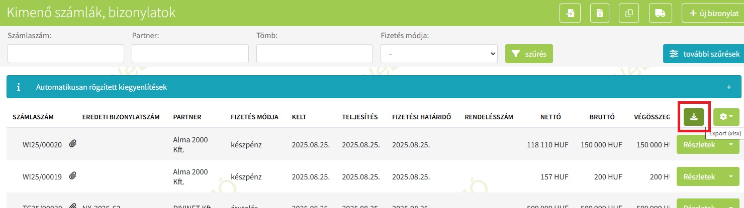 Bizonylat export