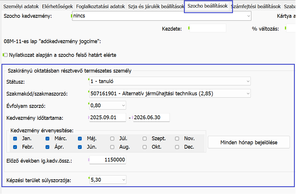 Szocho beállítások - szakirányú oktatás képzési paraméterek