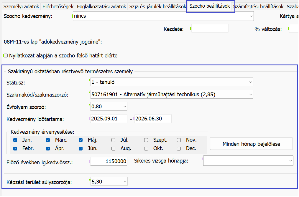 Szocho beállítások - szakirányú oktatás képzési paraméterek