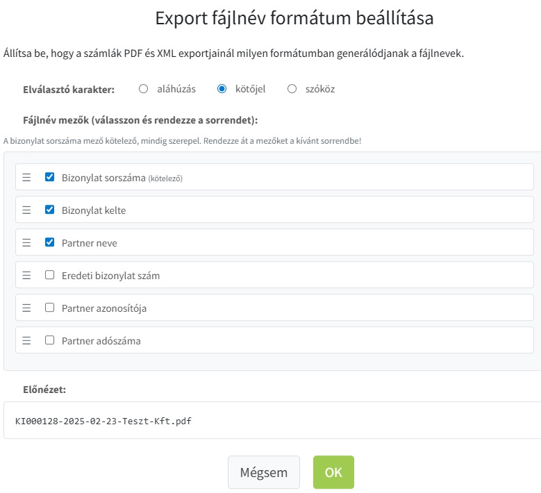 Export fájlnév formátum beállítása
