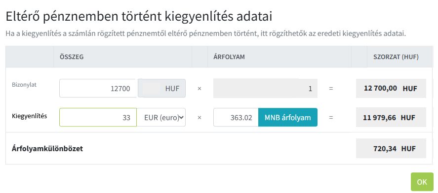Eltérő devizás egyszerű kiegyenlítés