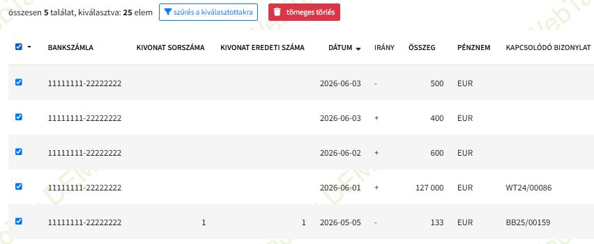 Banki tétel tömeges törlése