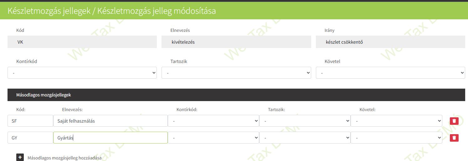 Másodlagos készletmozgás jelleg létrehozása